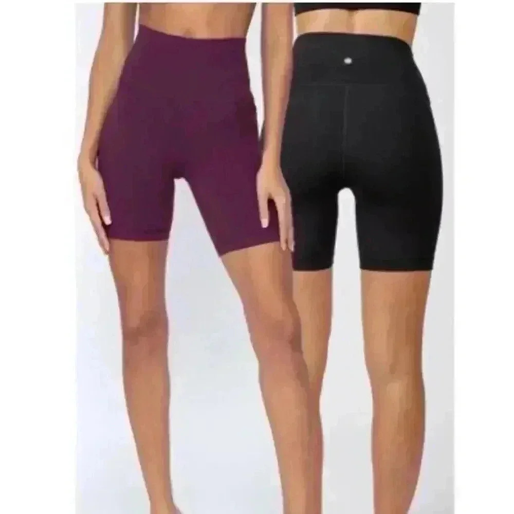 Yogalicious Womens 2 Pack Lux High Elastic Free Waist Bike Shorts